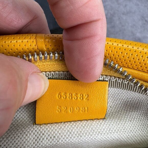 Gucci Embossed Gg Leather Perforated Belt Fanny Sling Bag Yellow - Picture 11 of 13